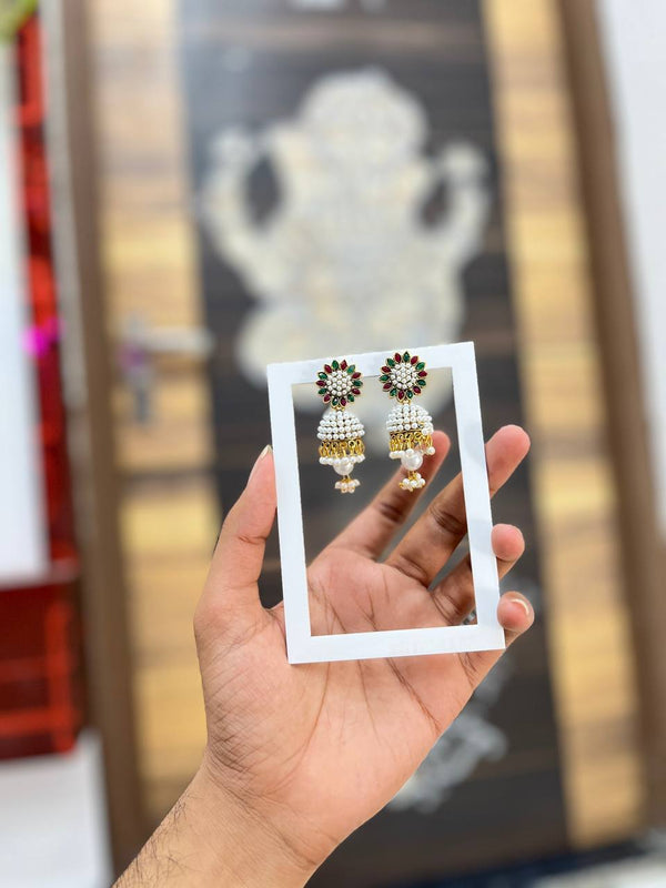 Floral Pearl Drop Jhumka Earrings – Multicolor Stone Work