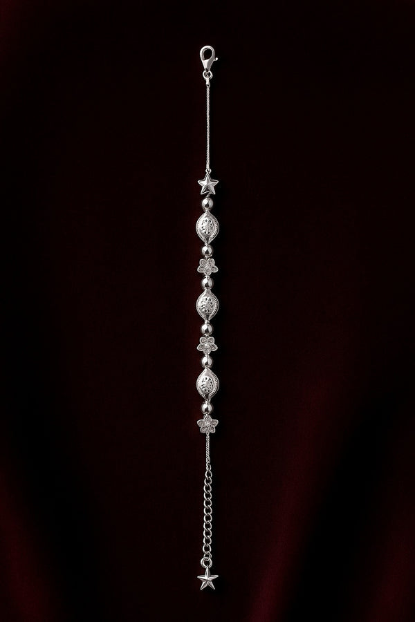 Silver Floral Bead Adjustable Anklet