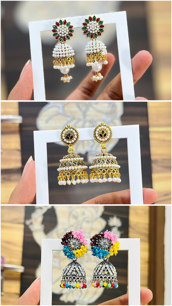 Combo Set of 3 Jhumka Earrings – Traditional, Oxidised & Pearl Design | Stylish Ethnic Jewellery for Women & Girls