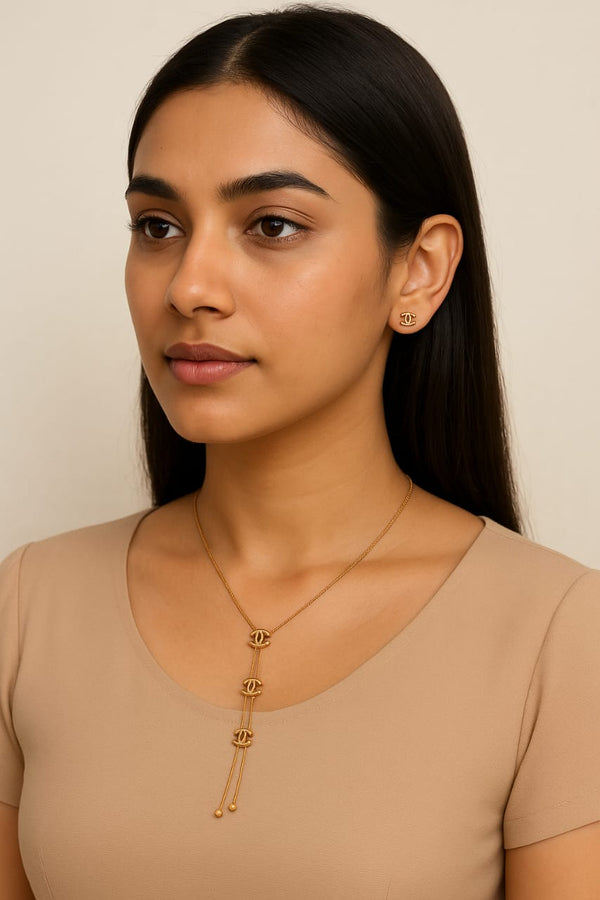 Gold-Tone Designer Pendant Necklace & Stud Earring Combo Set for Women