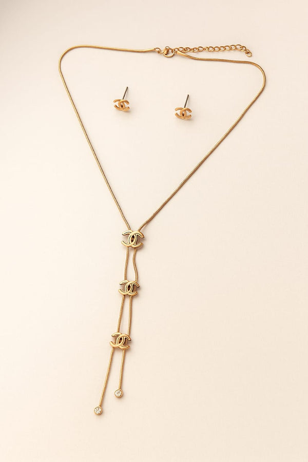 Gold-Tone Designer Pendant Necklace & Stud Earring Combo Set for Women
