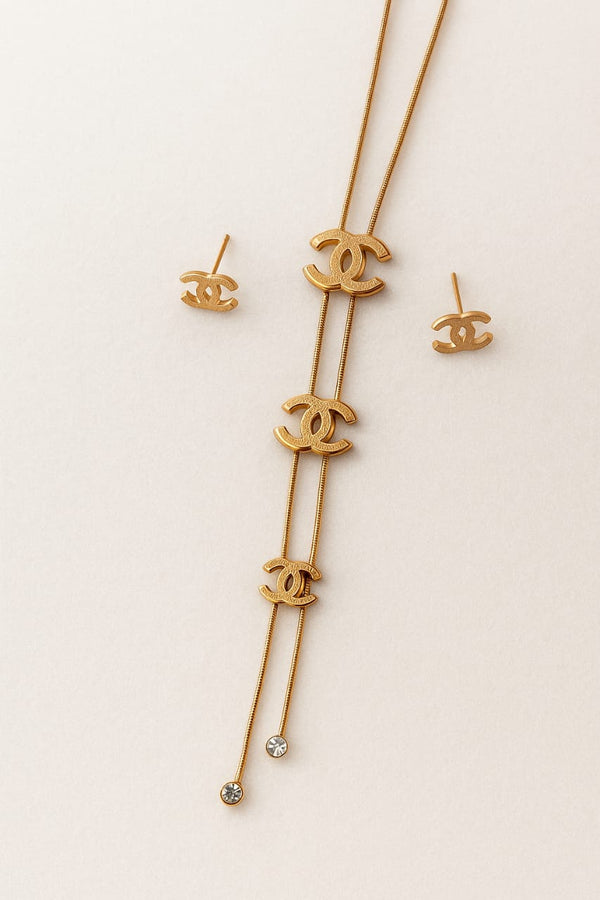 Gold-Tone Designer Pendant Necklace & Stud Earring Combo Set for Women