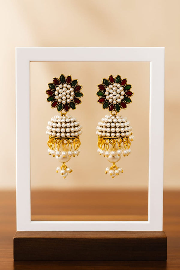 Floral Pearl Drop Jhumka Earrings – Multicolor Stone Work