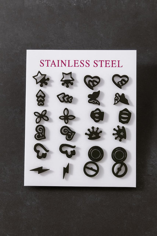 Black Stainless Steel Unisex Stud Earrings Set (Combo of 24 Pcs)